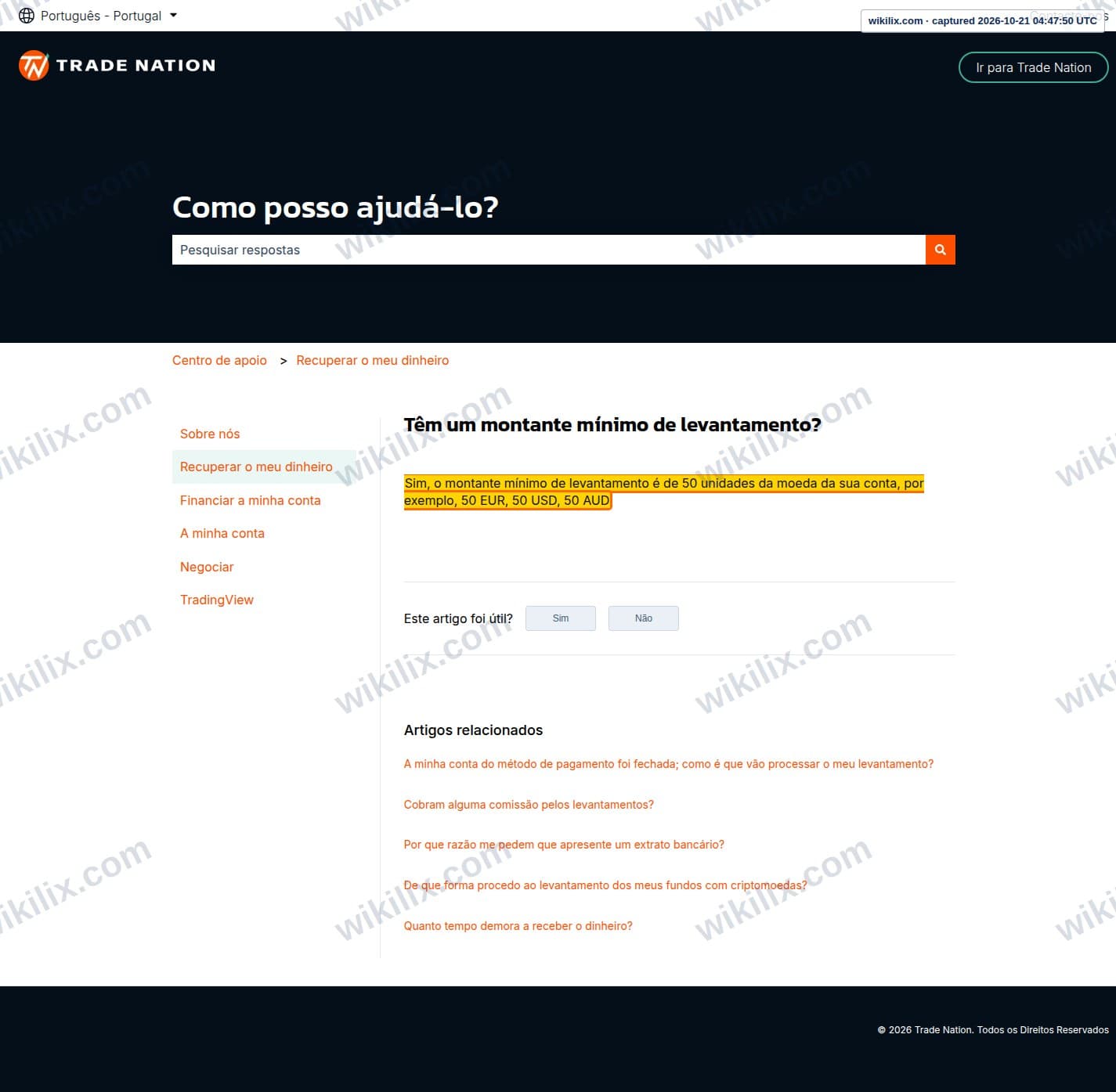 Our full page screenshot of the page that makes this promise, on PRIME CDEX's site support.tradenation.com, taken on Oct 21, 2026. The quoted words are marked in the image.