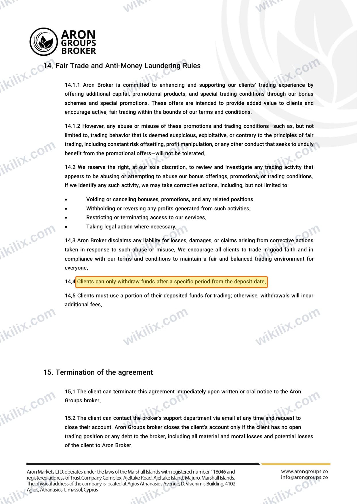 Our full page screenshot of the page this clause sits on, on Aron Groups's site dl.aron-groups.co, taken on Sep 12, 2026. The quoted words are marked in the image.