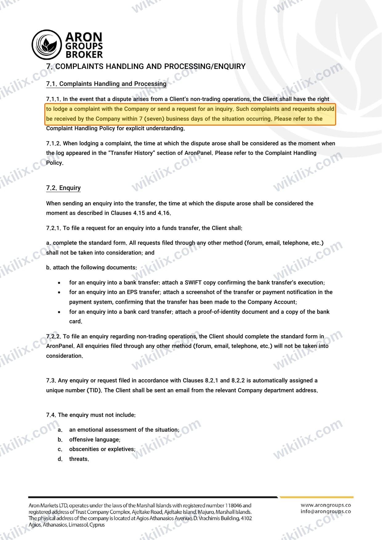 Our full page screenshot of the page this clause sits on, on Aron Groups's site dl.aron-groups.co, taken on Sep 12, 2026. The quoted words are marked in the image.