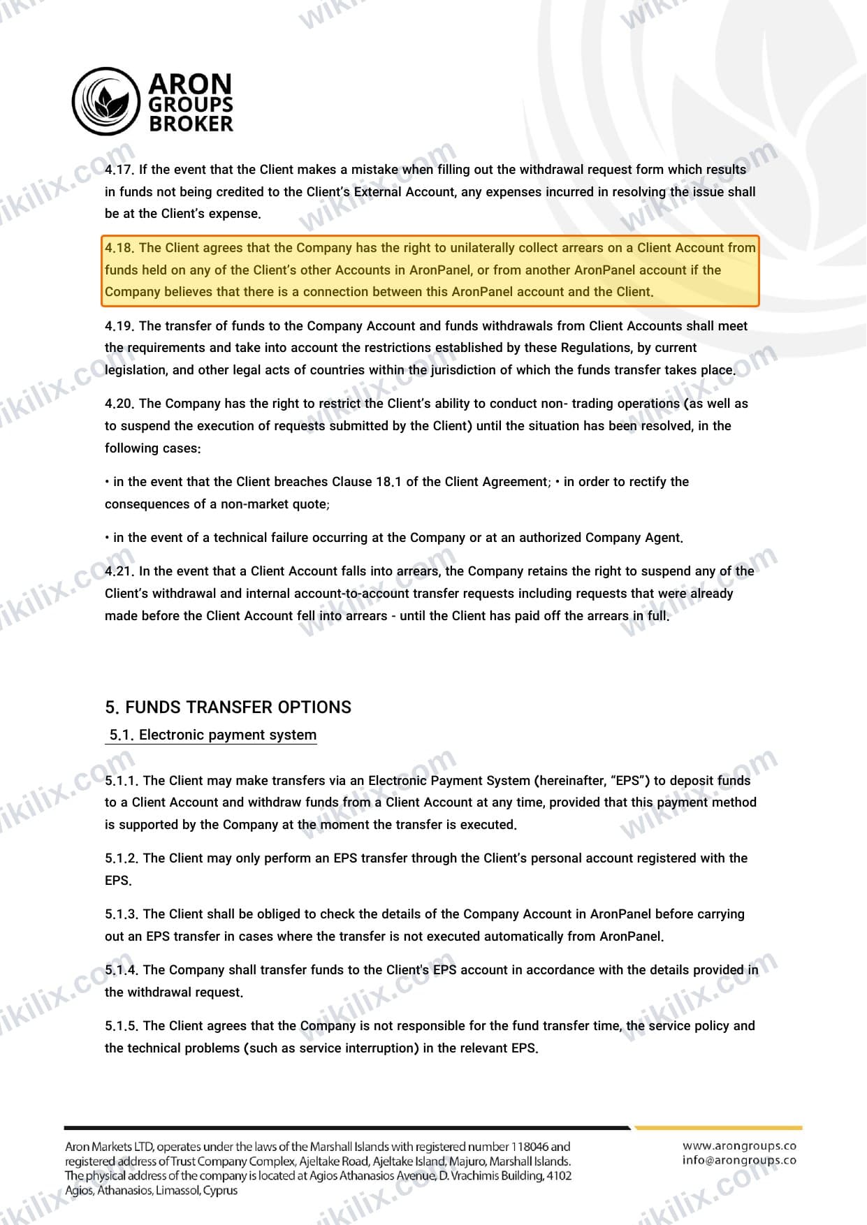 Our full page screenshot of the page this clause sits on, on Aron Groups's site dl.aron-groups.co, taken on Sep 12, 2026. The quoted words are marked in the image.
