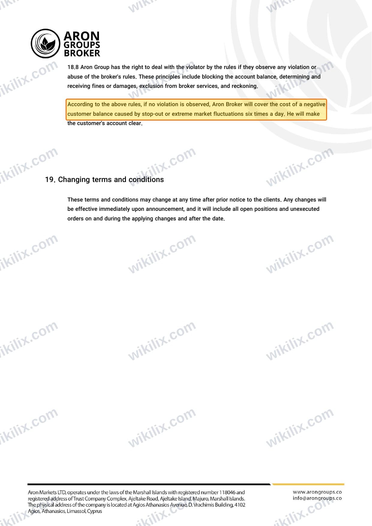 Our full page screenshot of the page this clause sits on, on Aron Groups's site dl.aron-groups.co, taken on Sep 12, 2026. The quoted words are marked in the image.