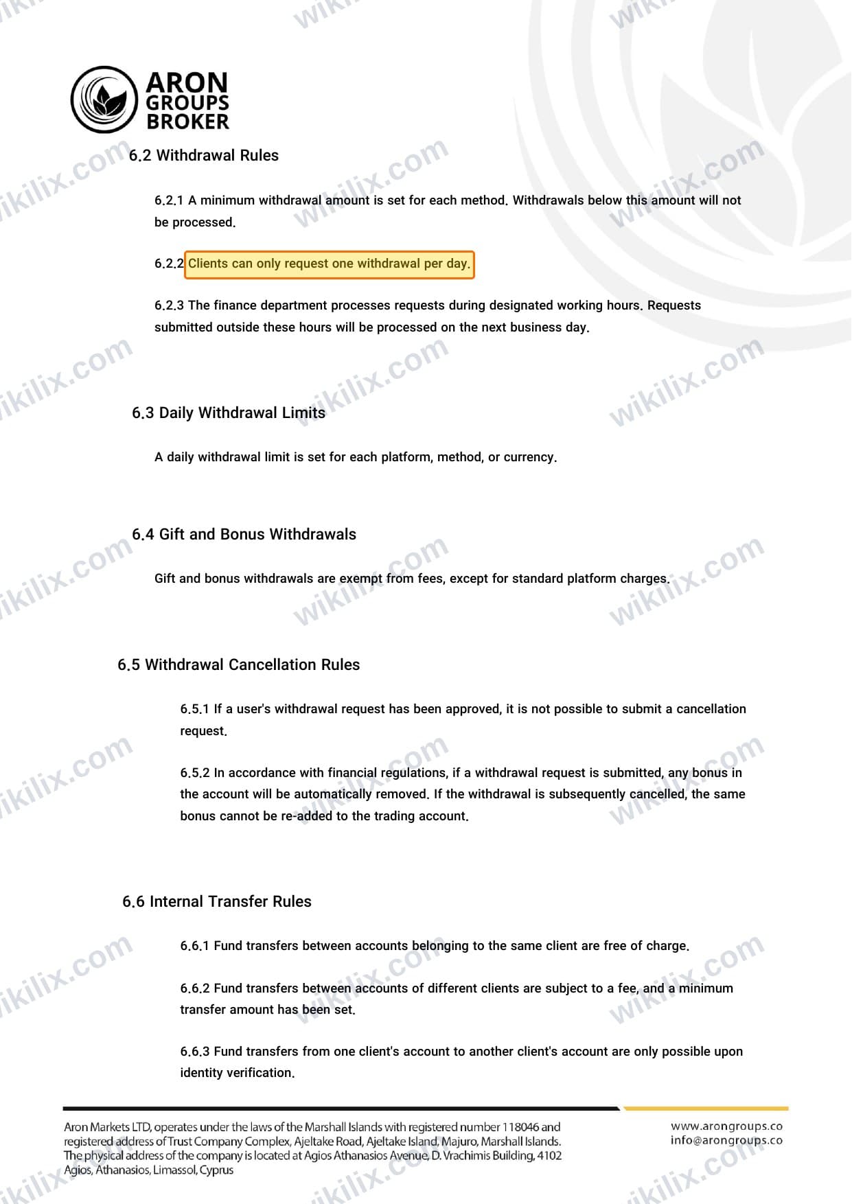 Our full page screenshot of the page this clause sits on, on Aron Groups's site dl.aron-groups.co, taken on Sep 12, 2026. The quoted words are marked in the image.