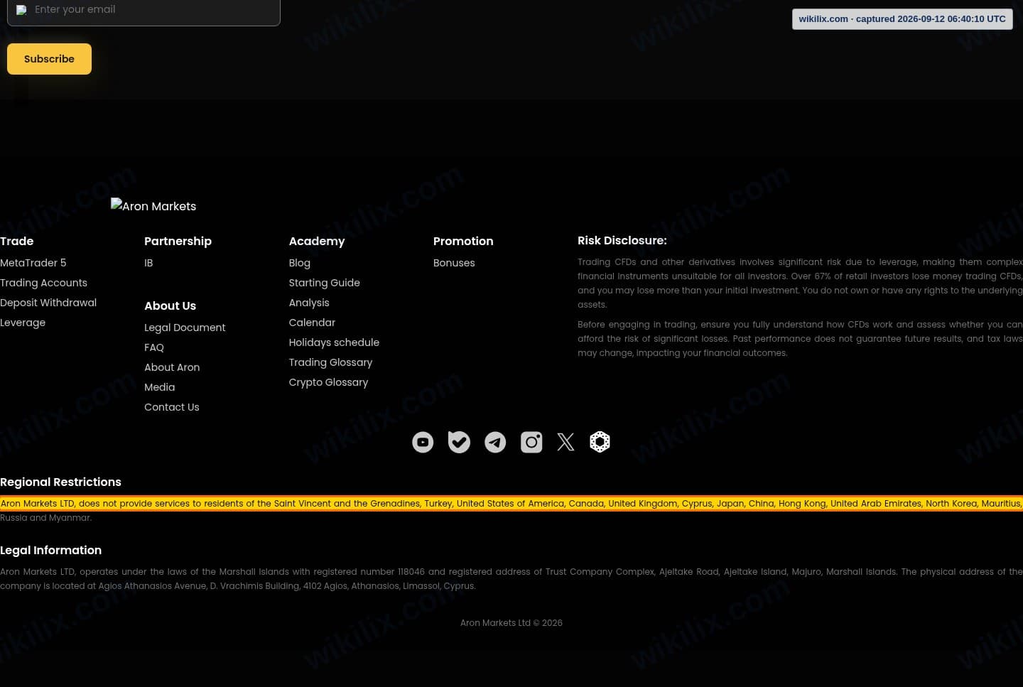 Our full page screenshot of the page this clause sits on, on Aron Groups's site arongroups.co, taken on Sep 12, 2026. The quoted words are marked in the image.