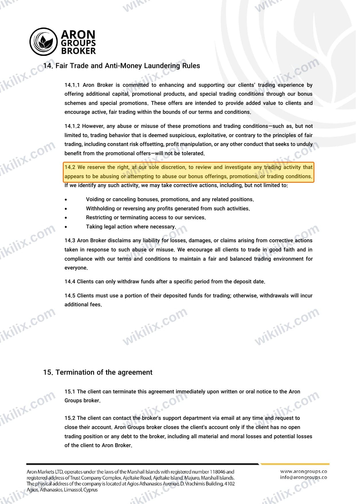 Our full page screenshot of the page this clause sits on, on Aron Groups's site dl.aron-groups.co, taken on Sep 12, 2026. The quoted words are marked in the image.