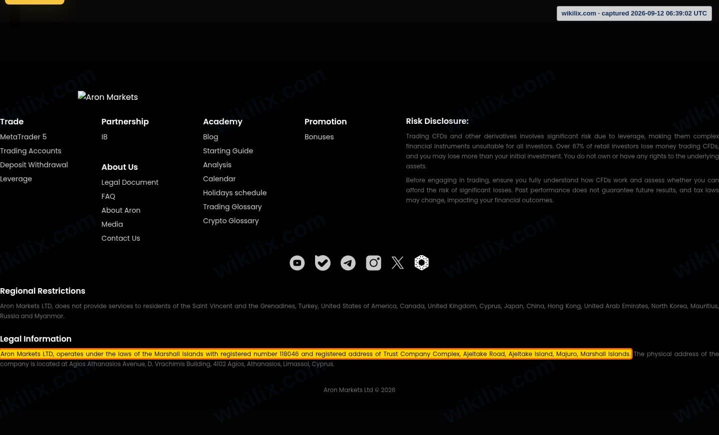 Our full page screenshot of the page this clause sits on, on Aron Groups's site arongroups.co, taken on Sep 12, 2026. The quoted words are marked in the image.