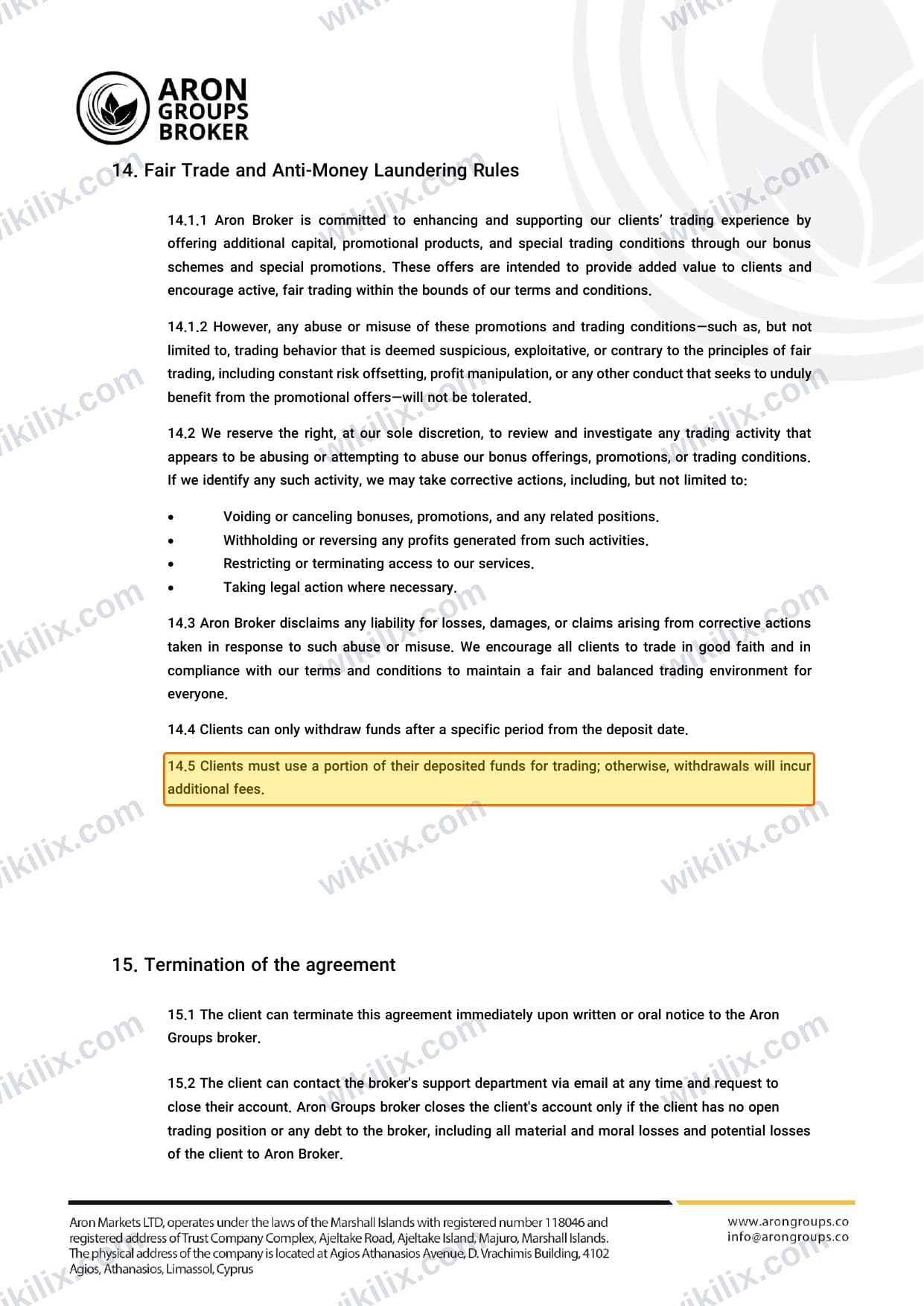 Our full page screenshot of the page this clause sits on, on Aron Groups's site dl.aron-groups.co, taken on Sep 12, 2026. The quoted words are marked in the image.