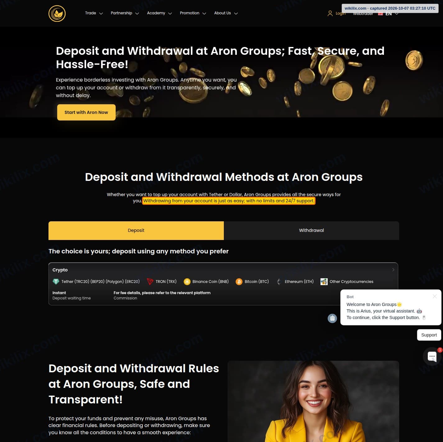 Our full page screenshot of the page that makes this promise, on Aron Groups's site arongroups.co, taken on Oct 7, 2026. The quoted words are marked in the image.