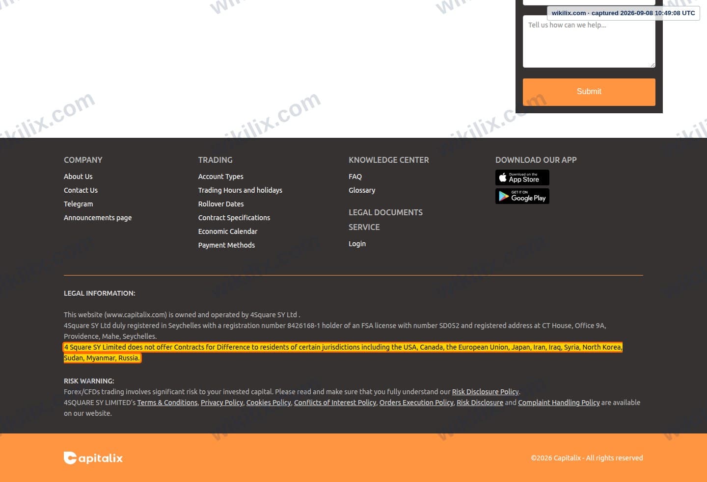 Our full page screenshot of the page this clause sits on, on FXROAD.com's site capitalix.com, taken on Sep 8, 2026. The quoted words are marked in the image.
