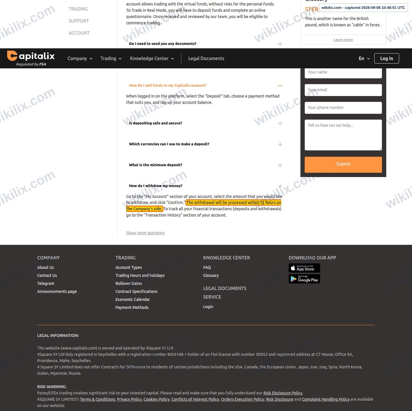 Our full page screenshot of the page that makes this promise, on FXROAD.com's site capitalix.com, taken on Sep 8, 2026. The quoted words are marked in the image.