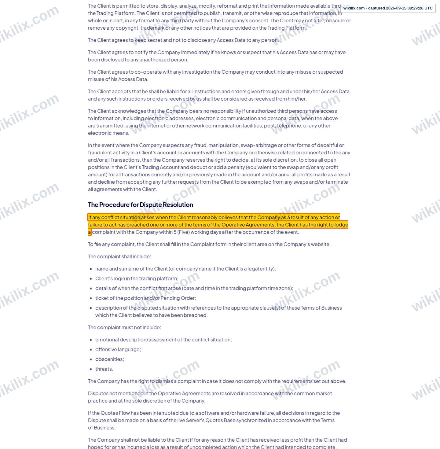Our full page screenshot of the page this clause sits on, on AYA Markets's site ayamarkets.com, taken on Sep 15, 2026. The quoted words are marked in the image.