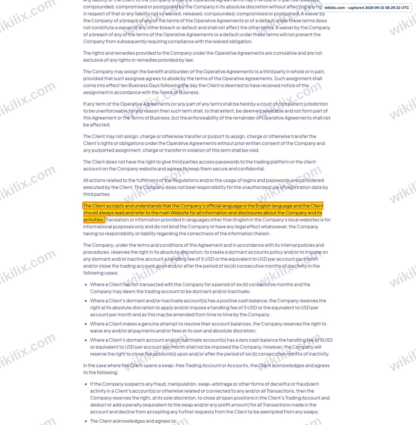Our full page screenshot of the page this clause sits on, on AYA Markets's site ayamarkets.com, taken on Sep 15, 2026. The quoted words are marked in the image.