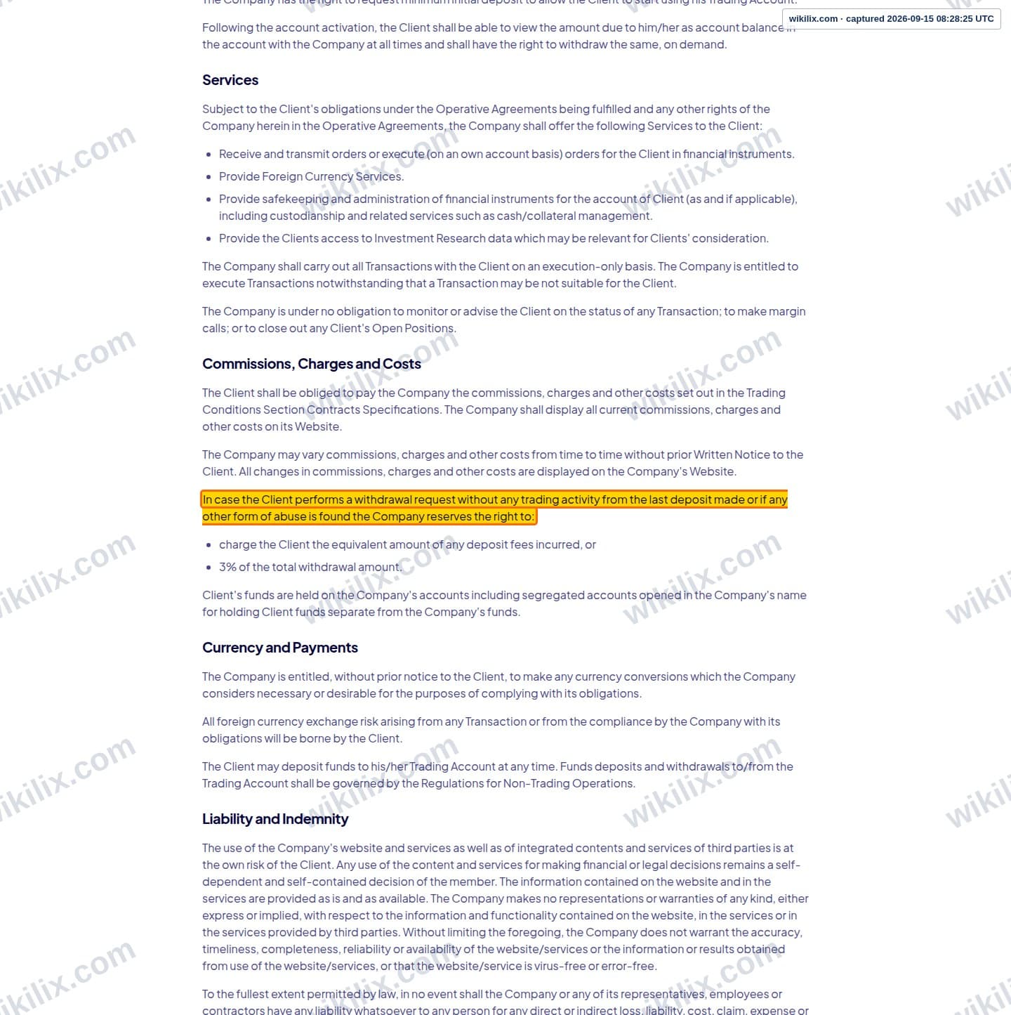 Our full page screenshot of the page this clause sits on, on AYA Markets's site ayamarkets.com, taken on Sep 15, 2026. The quoted words are marked in the image.