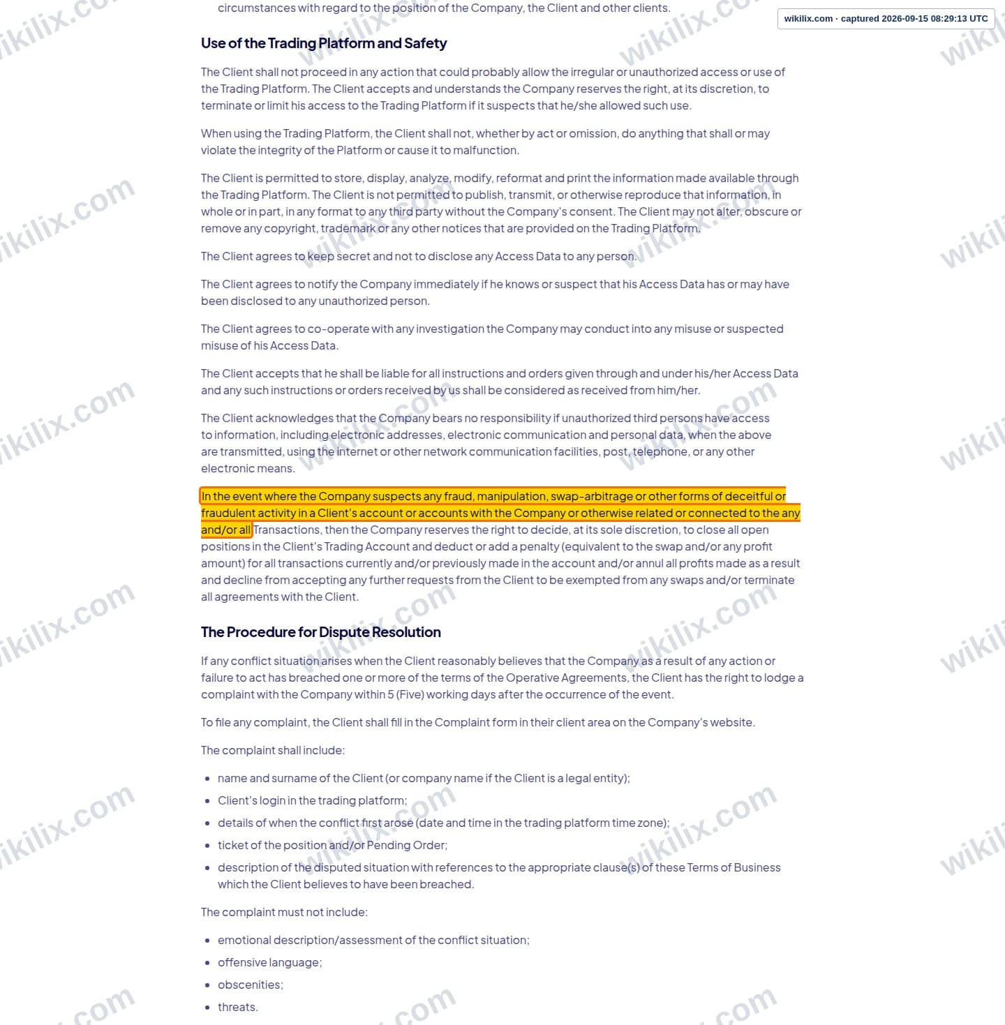 Our full page screenshot of the page this clause sits on, on AYA Markets's site ayamarkets.com, taken on Sep 15, 2026. The quoted words are marked in the image.