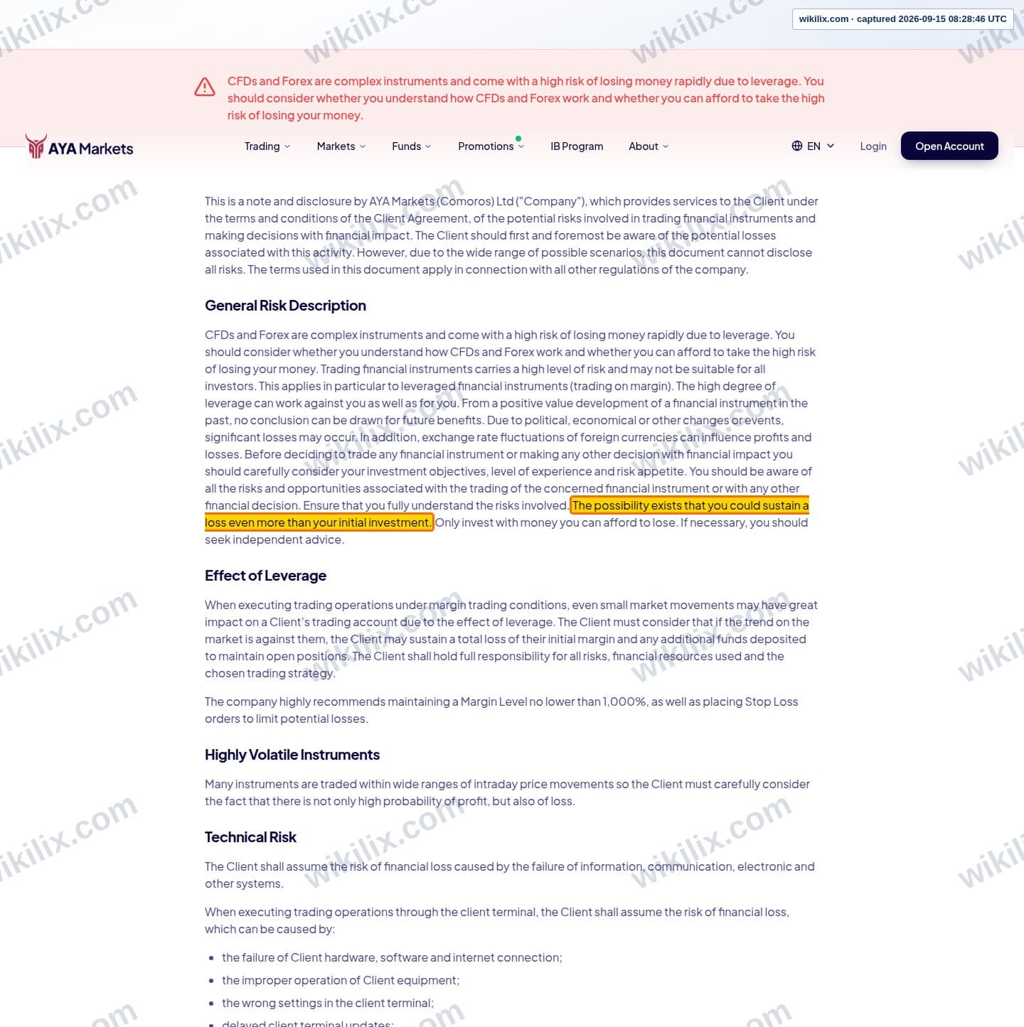 Our full page screenshot of the page this clause sits on, on AYA Markets's site ayamarkets.com, taken on Sep 15, 2026. The quoted words are marked in the image.