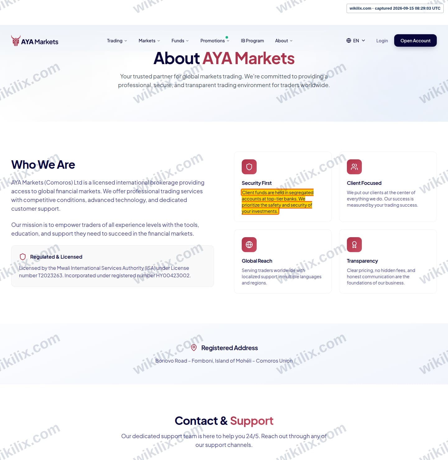 Our full page screenshot of the page that makes this promise, on AYA Markets's site ayamarkets.com, taken on Sep 15, 2026. The quoted words are marked in the image.