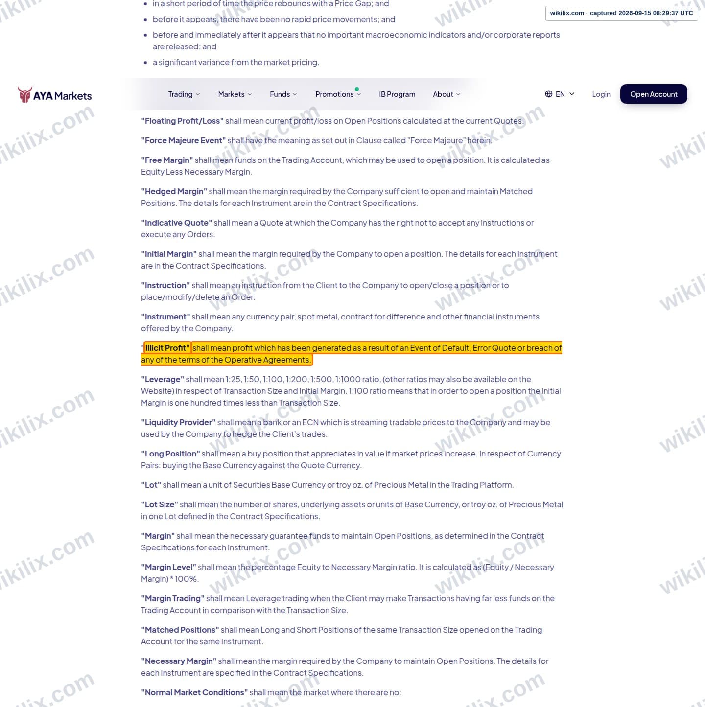 Our full page screenshot of the page this clause sits on, on AYA Markets's site ayamarkets.com, taken on Sep 15, 2026. The quoted words are marked in the image.
