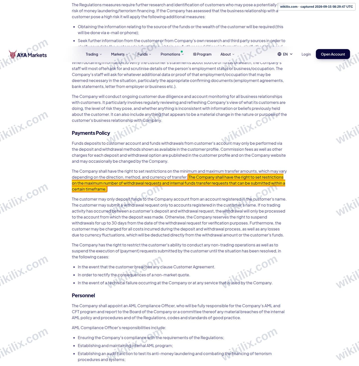 Our full page screenshot of the page this clause sits on, on AYA Markets's site ayamarkets.com, taken on Sep 15, 2026. The quoted words are marked in the image.