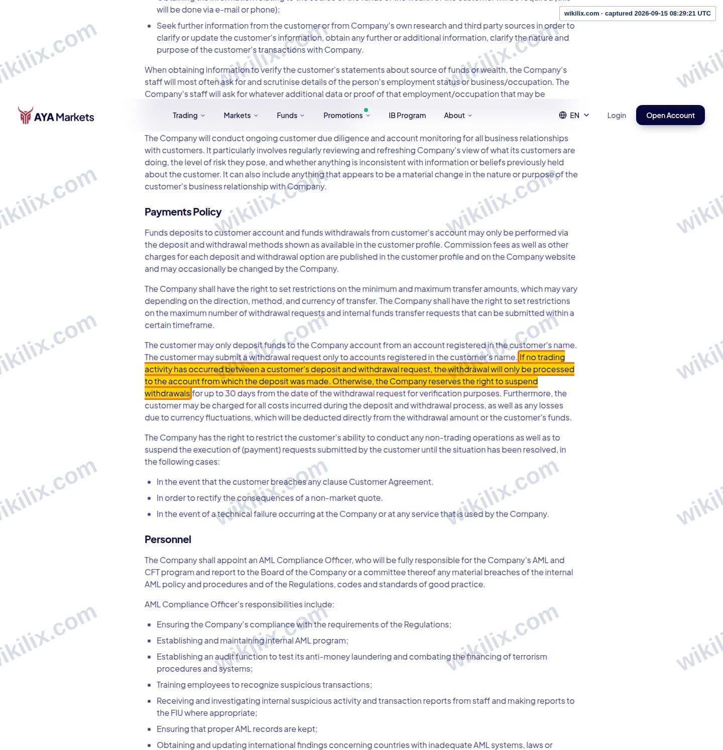 Our full page screenshot of the page this clause sits on, on AYA Markets's site ayamarkets.com, taken on Sep 15, 2026. The quoted words are marked in the image.