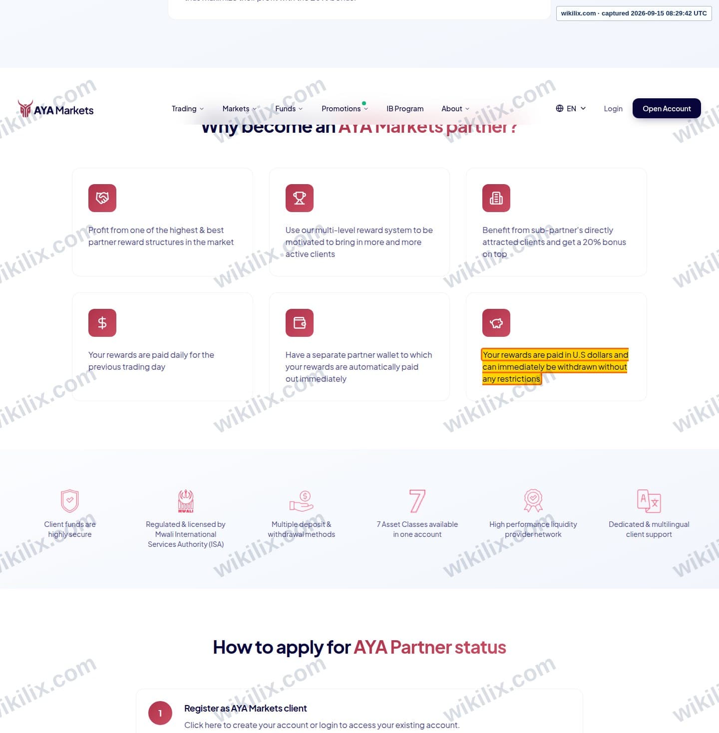 Our full page screenshot of the page that makes this promise, on AYA Markets's site ayamarkets.com, taken on Sep 15, 2026. The quoted words are marked in the image.