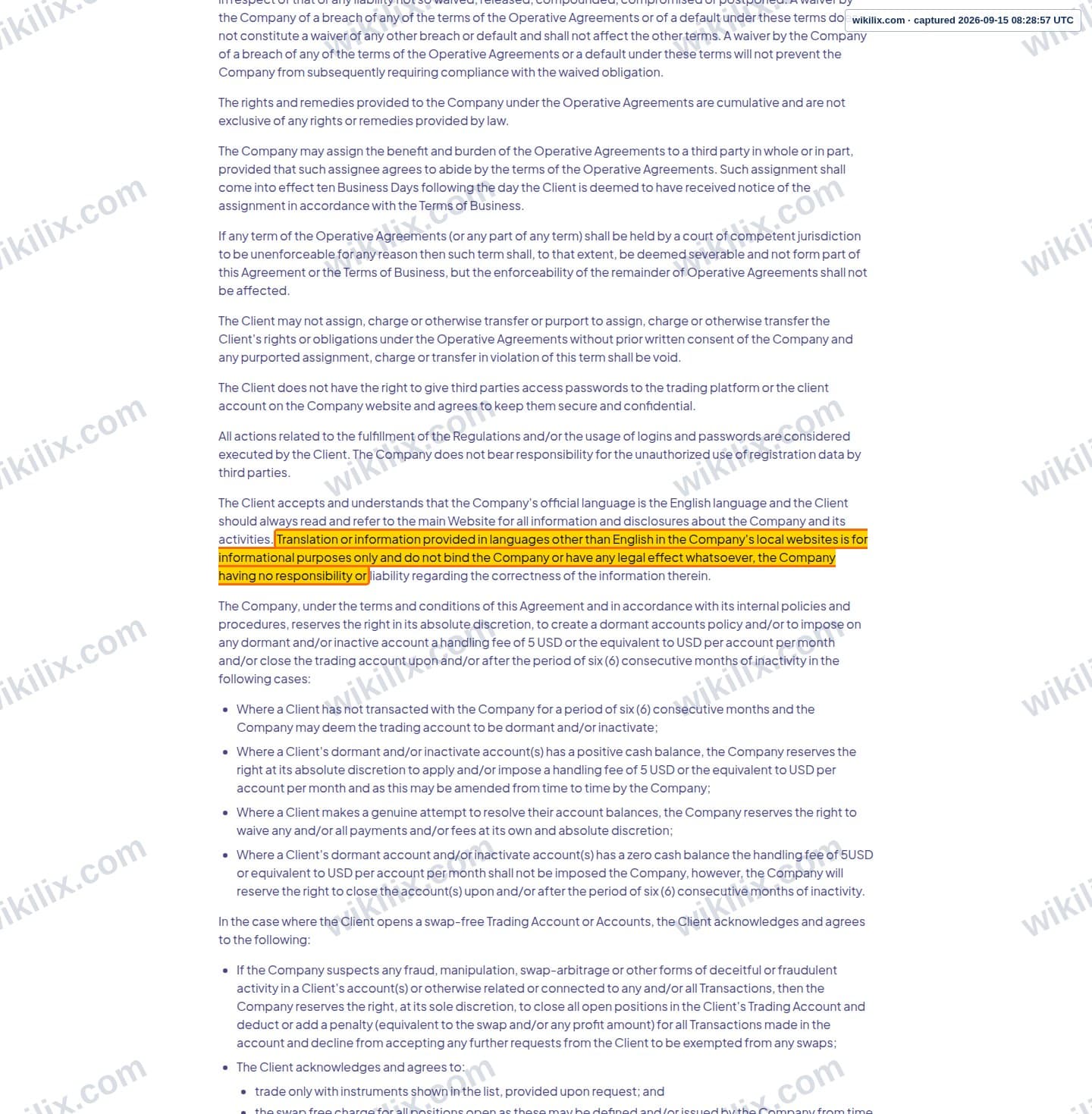 Our full page screenshot of the page this clause sits on, on AYA Markets's site ayamarkets.com, taken on Sep 15, 2026. The quoted words are marked in the image.
