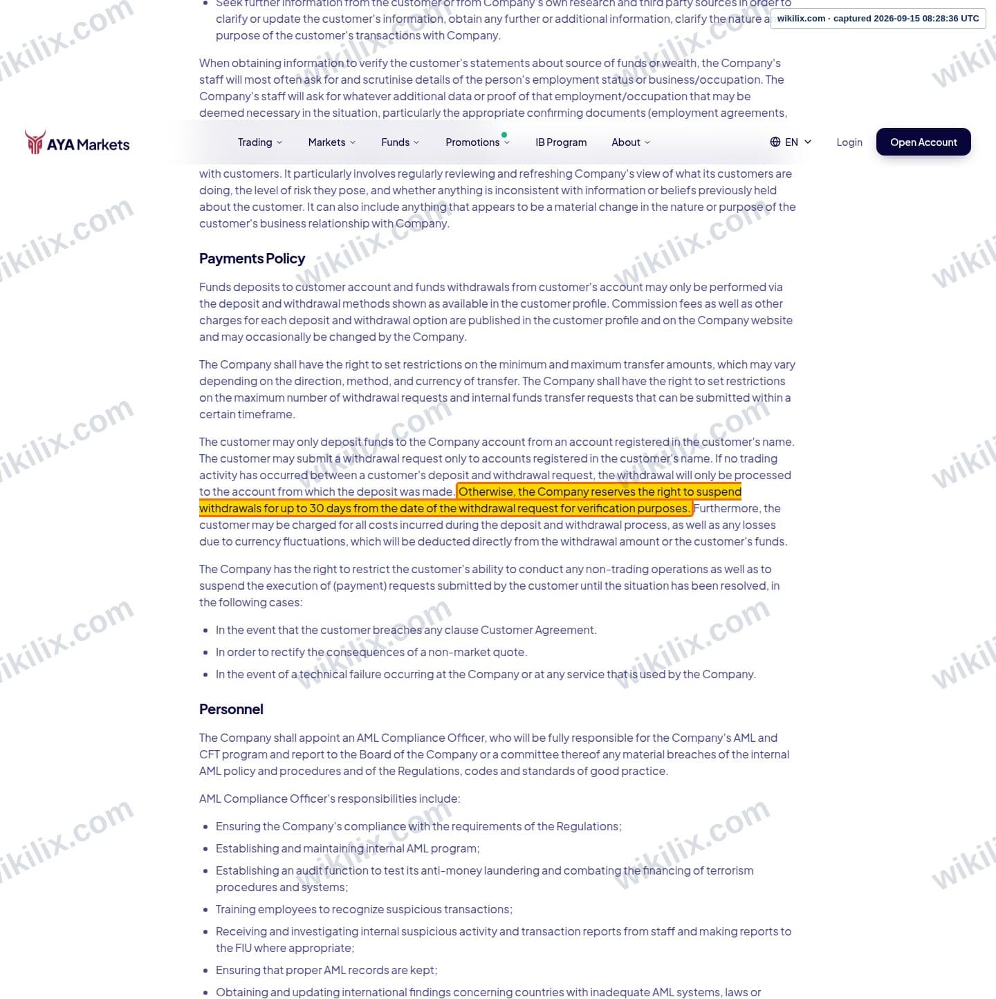 Our full page screenshot of the page this clause sits on, on AYA Markets's site ayamarkets.com, taken on Sep 15, 2026. The quoted words are marked in the image.