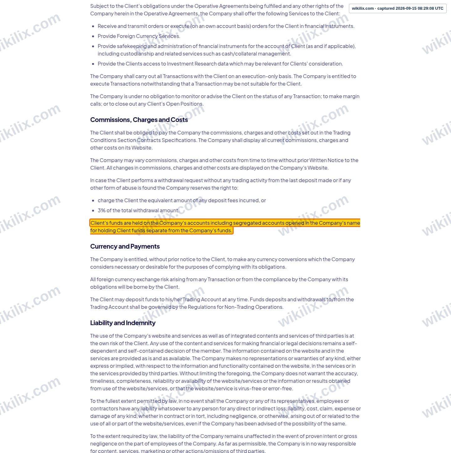 Our full page screenshot of the page this clause sits on, on AYA Markets's site ayamarkets.com, taken on Sep 15, 2026. The quoted words are marked in the image.