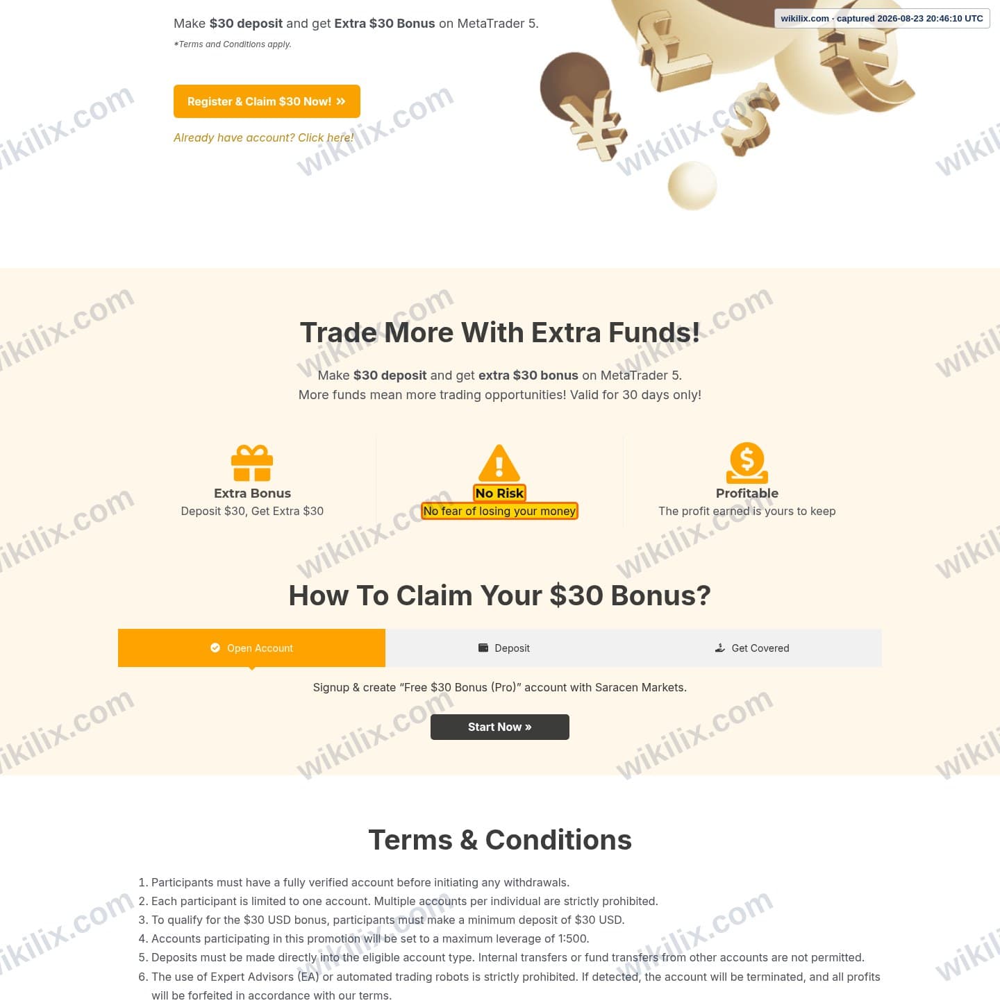 Our full page screenshot of the page that makes this promise, on SaracenMarkets's site saracen.market, taken on Aug 23, 2026. The quoted words are marked in the image.