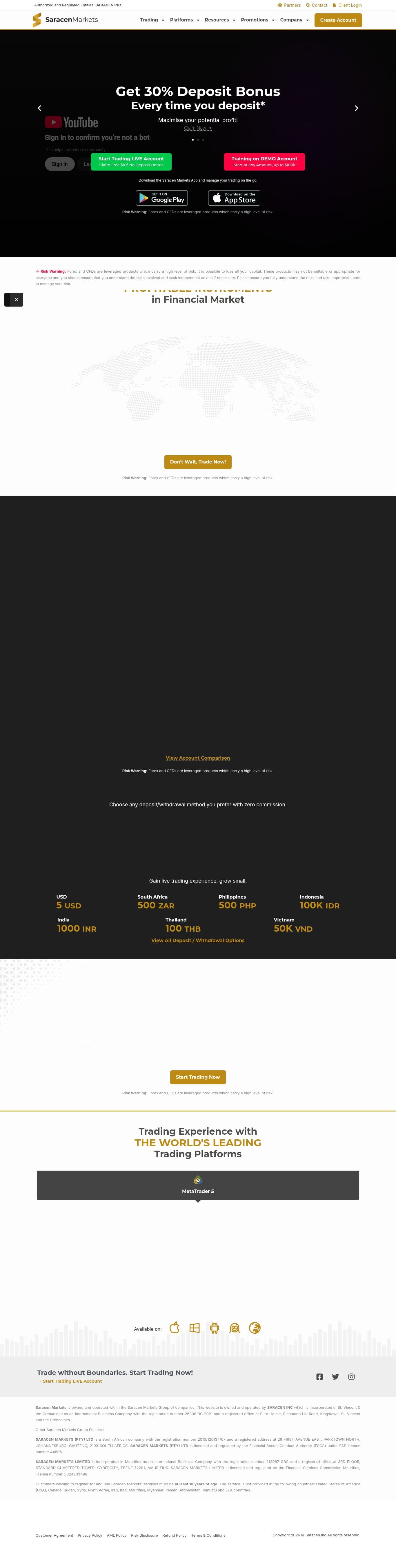 Homepage of saracen.markets as we captured it