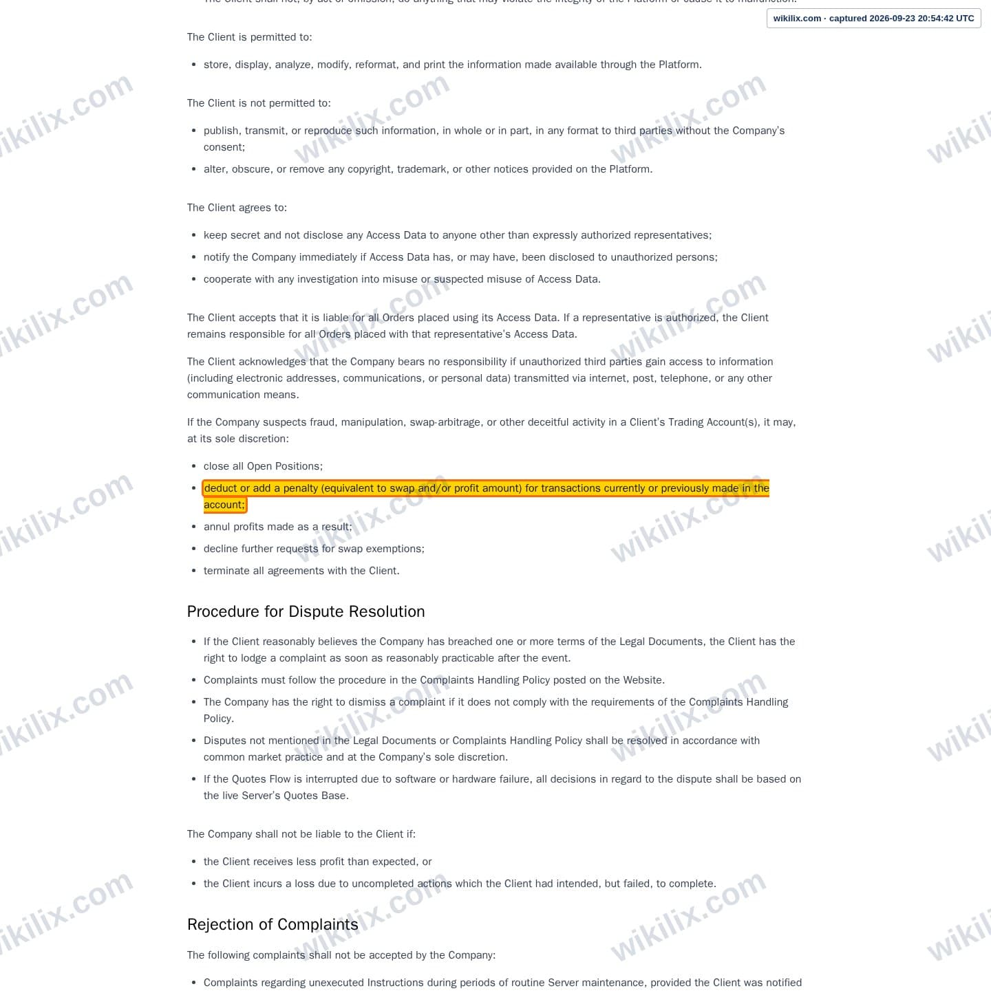 Our full page screenshot of the page this clause sits on, on Tag Markets's site web.archive.org, taken on Sep 23, 2026. The quoted words are marked in the image.