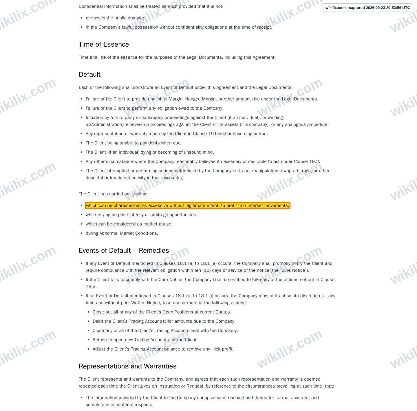 Our full page screenshot of the page this clause sits on, on Tag Markets's site web.archive.org, taken on Sep 23, 2026. The quoted words are marked in the image.