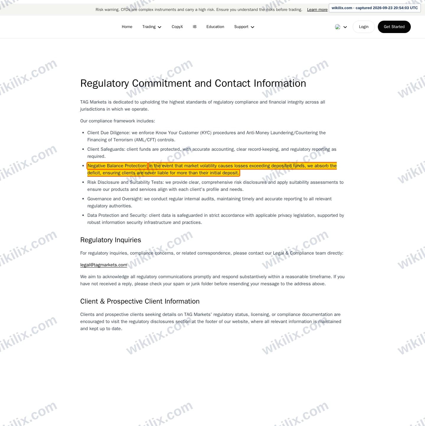 Our full page screenshot of the page that makes this promise, on Tag Markets's site web.archive.org, taken on Sep 23, 2026. The quoted words are marked in the image.