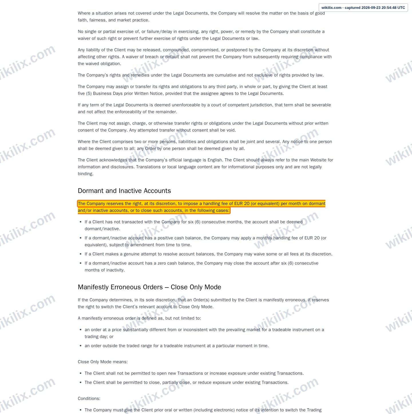 Our full page screenshot of the page this clause sits on, on Tag Markets's site web.archive.org, taken on Sep 23, 2026. The quoted words are marked in the image.