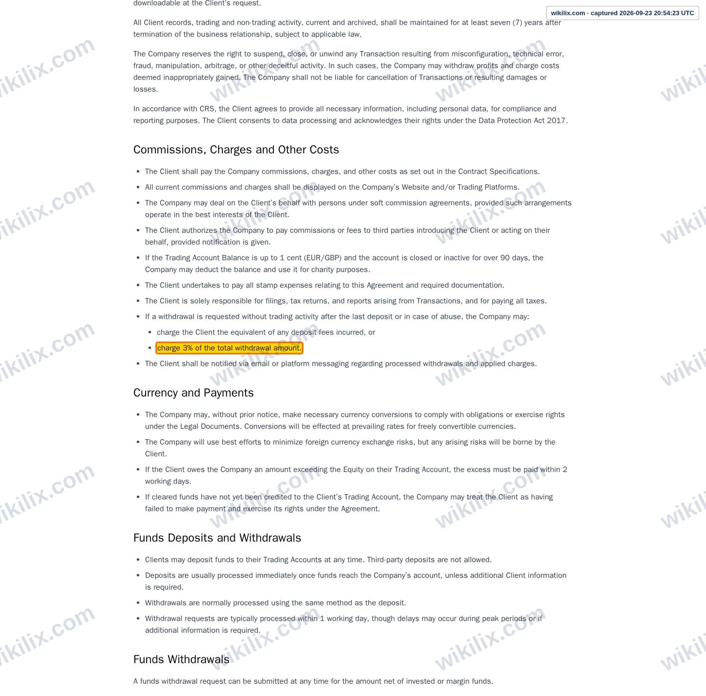 Our full page screenshot of the page this clause sits on, on Tag Markets's site web.archive.org, taken on Sep 23, 2026. The quoted words are marked in the image.
