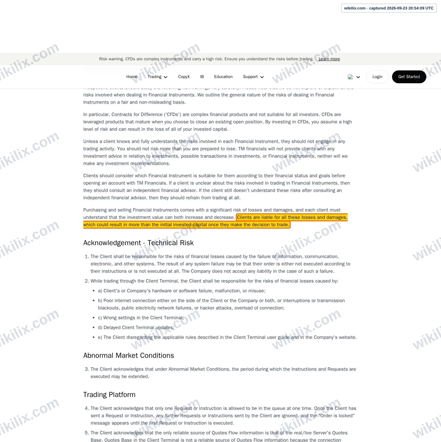 Our full page screenshot of the page this clause sits on, on Tag Markets's site web.archive.org, taken on Sep 23, 2026. The quoted words are marked in the image.