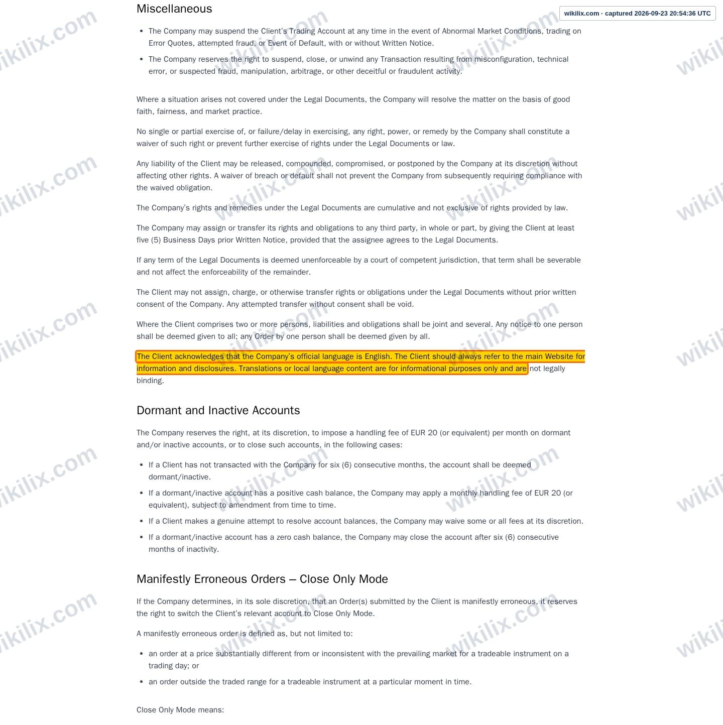 Our full page screenshot of the page this clause sits on, on Tag Markets's site web.archive.org, taken on Sep 23, 2026. The quoted words are marked in the image.