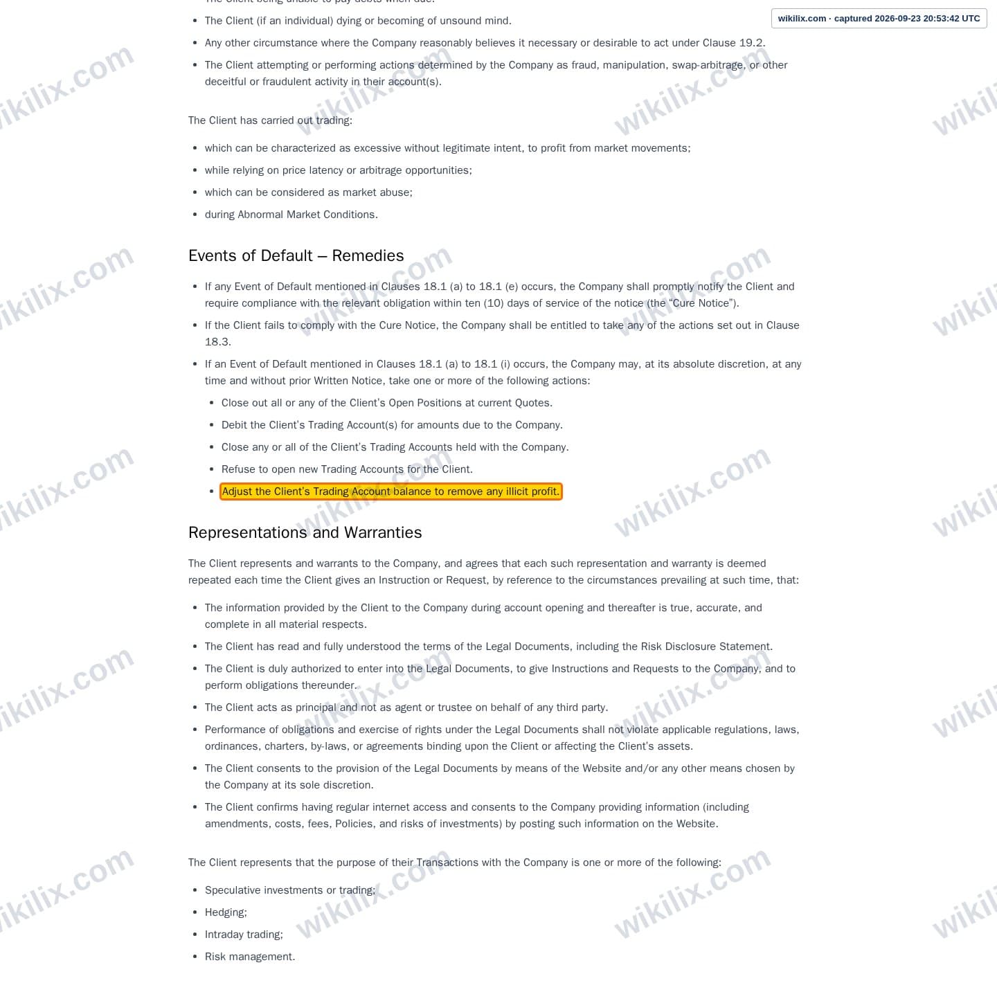 Our full page screenshot of the page this clause sits on, on Tag Markets's site web.archive.org, taken on Sep 23, 2026. The quoted words are marked in the image.