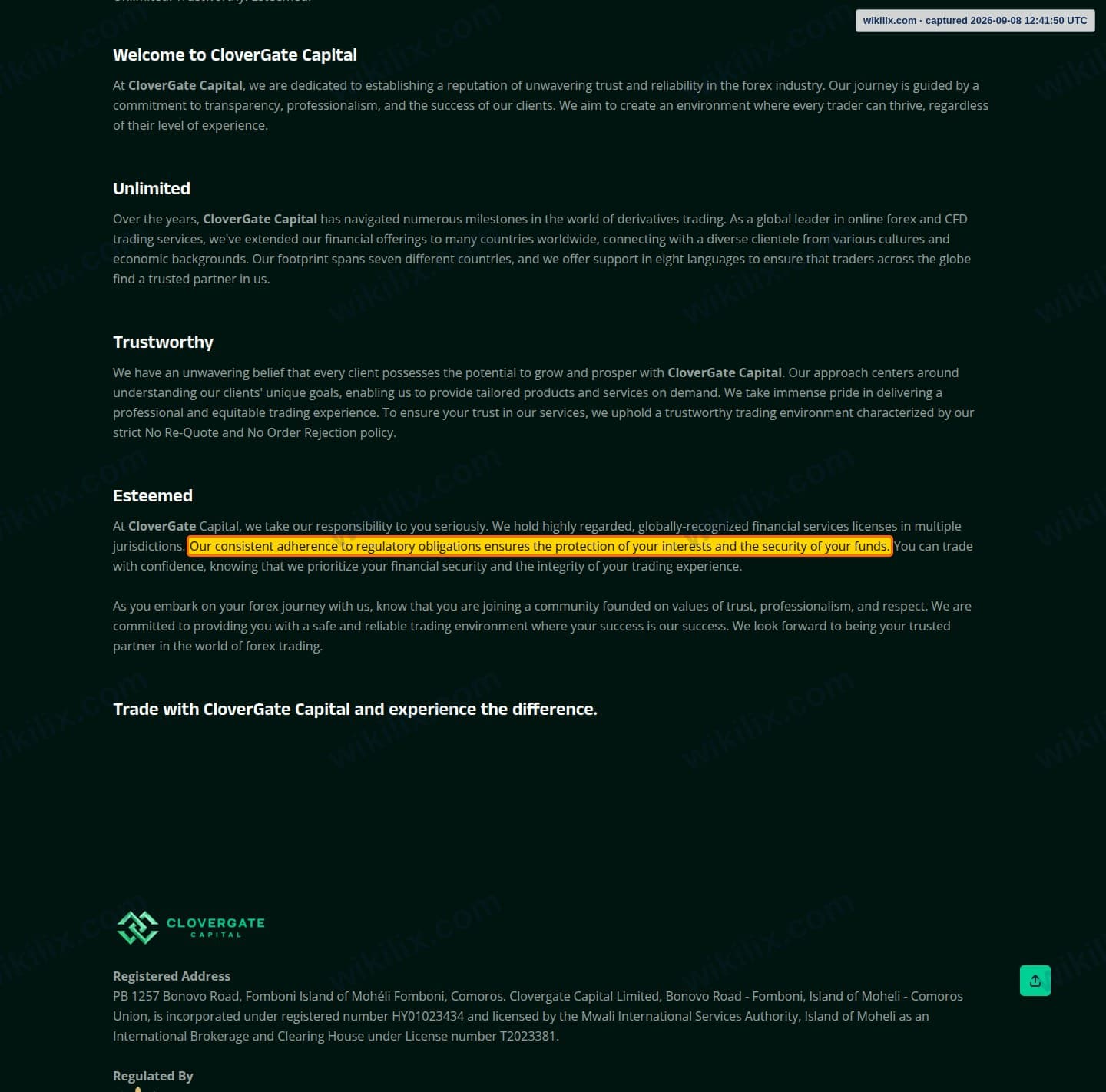 Our full page screenshot of the page that makes this promise, on CloverGate Capital's site clovergatecapital.com, taken on Sep 8, 2026. The quoted words are marked in the image.