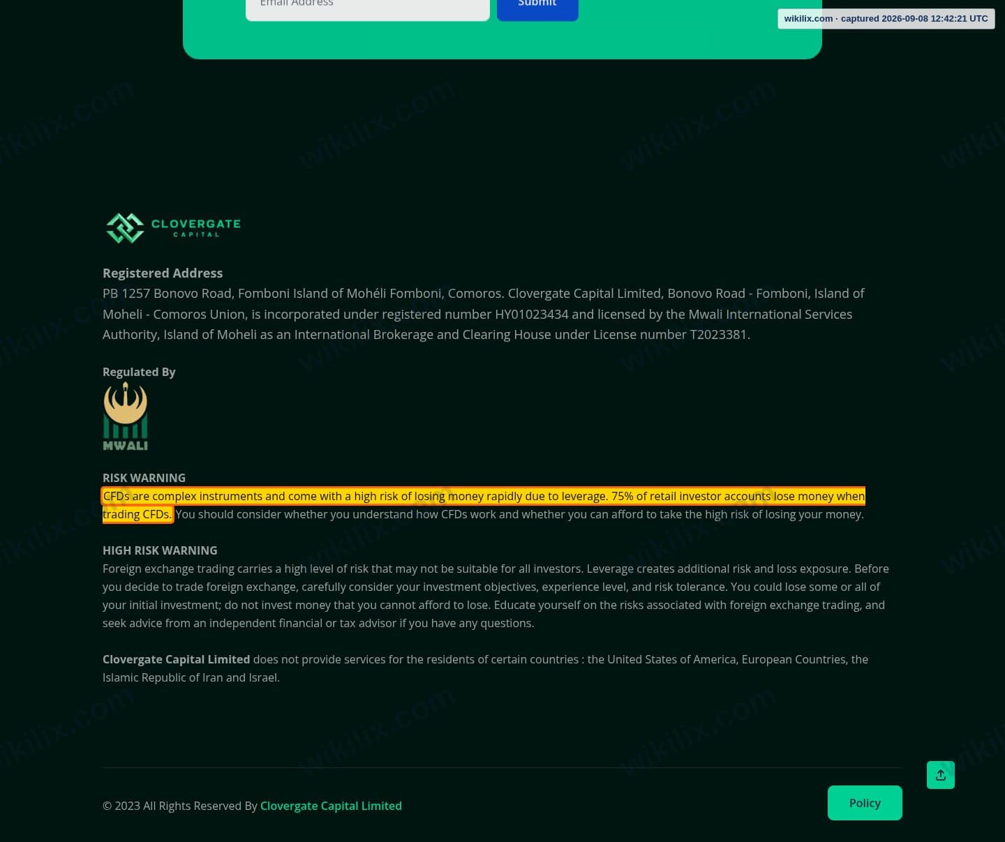 Our full page screenshot of the page this clause sits on, on CloverGate Capital's site clovergatecapital.com, taken on Sep 8, 2026. The quoted words are marked in the image.