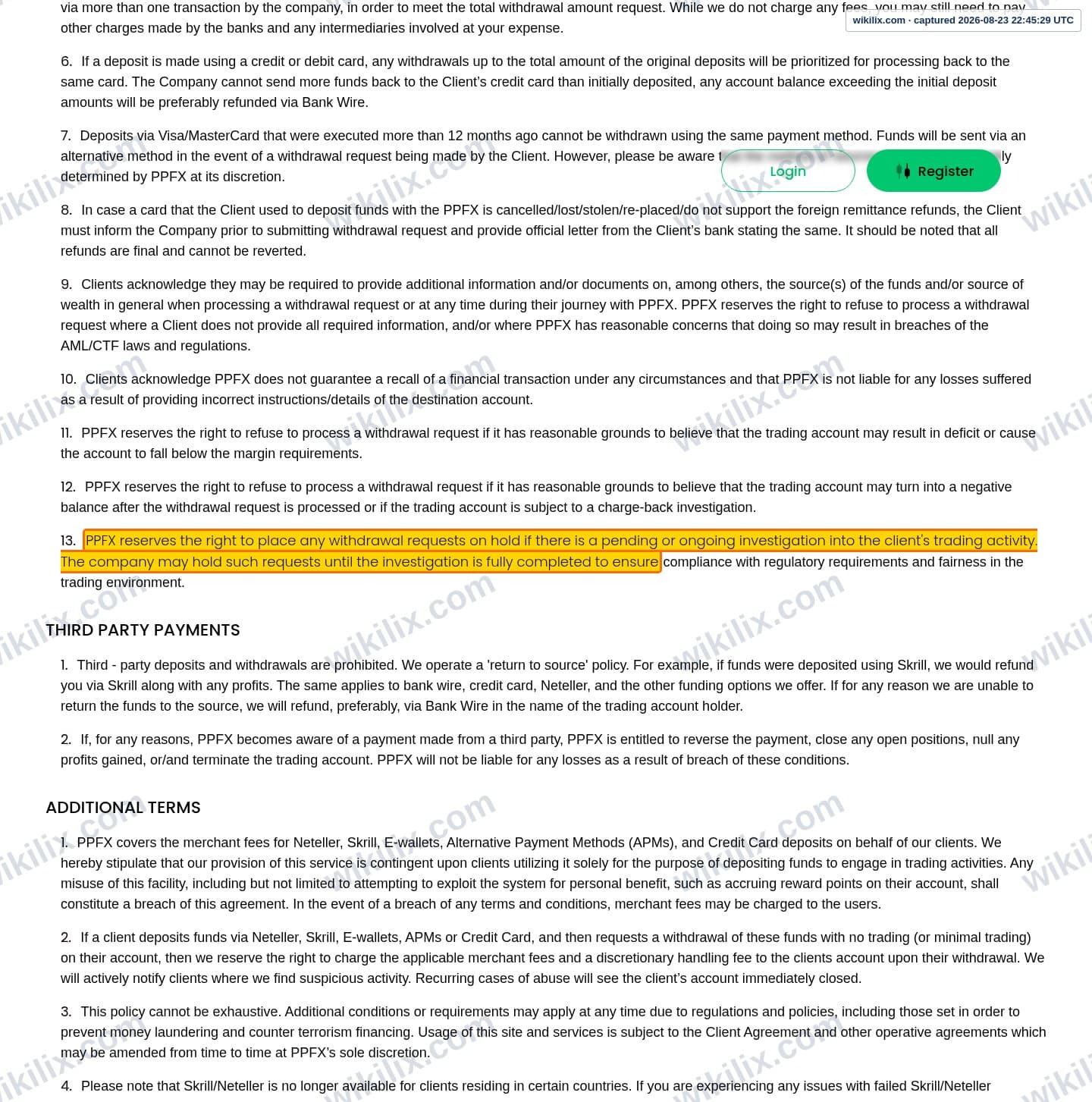 Our full page screenshot of the page this clause sits on, on PPFX's site properfx.com, taken on Aug 23, 2026. The quoted words are marked in the image.