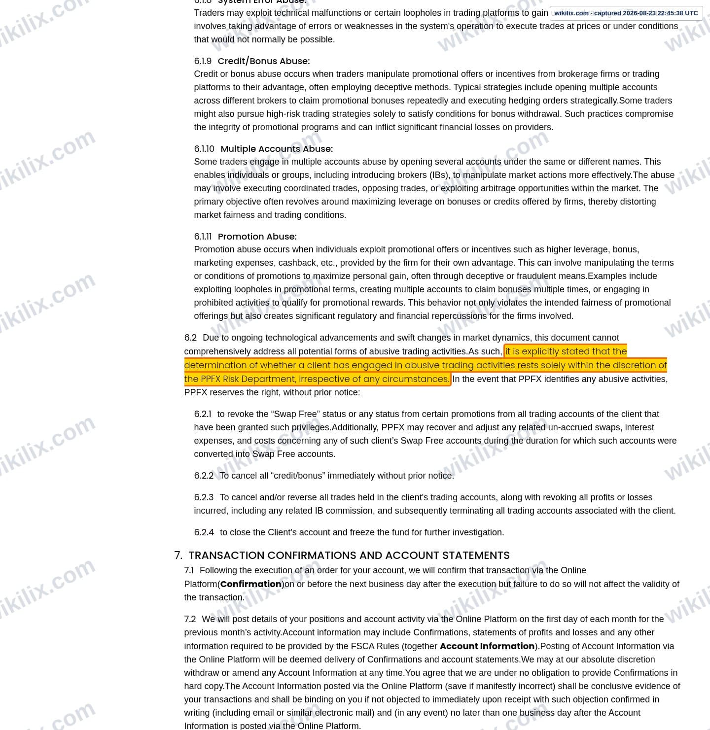 Our full page screenshot of the page this clause sits on, on PPFX's site properfx.com, taken on Aug 23, 2026. The quoted words are marked in the image.