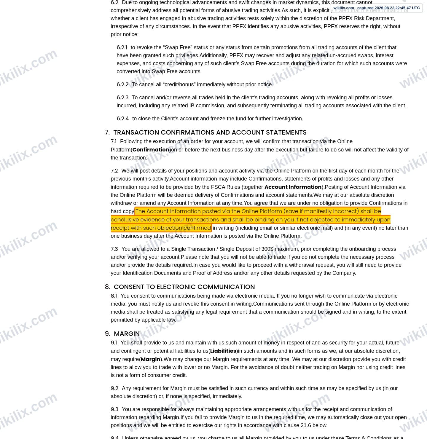 Our full page screenshot of the page this clause sits on, on PPFX's site properfx.com, taken on Aug 23, 2026. The quoted words are marked in the image.