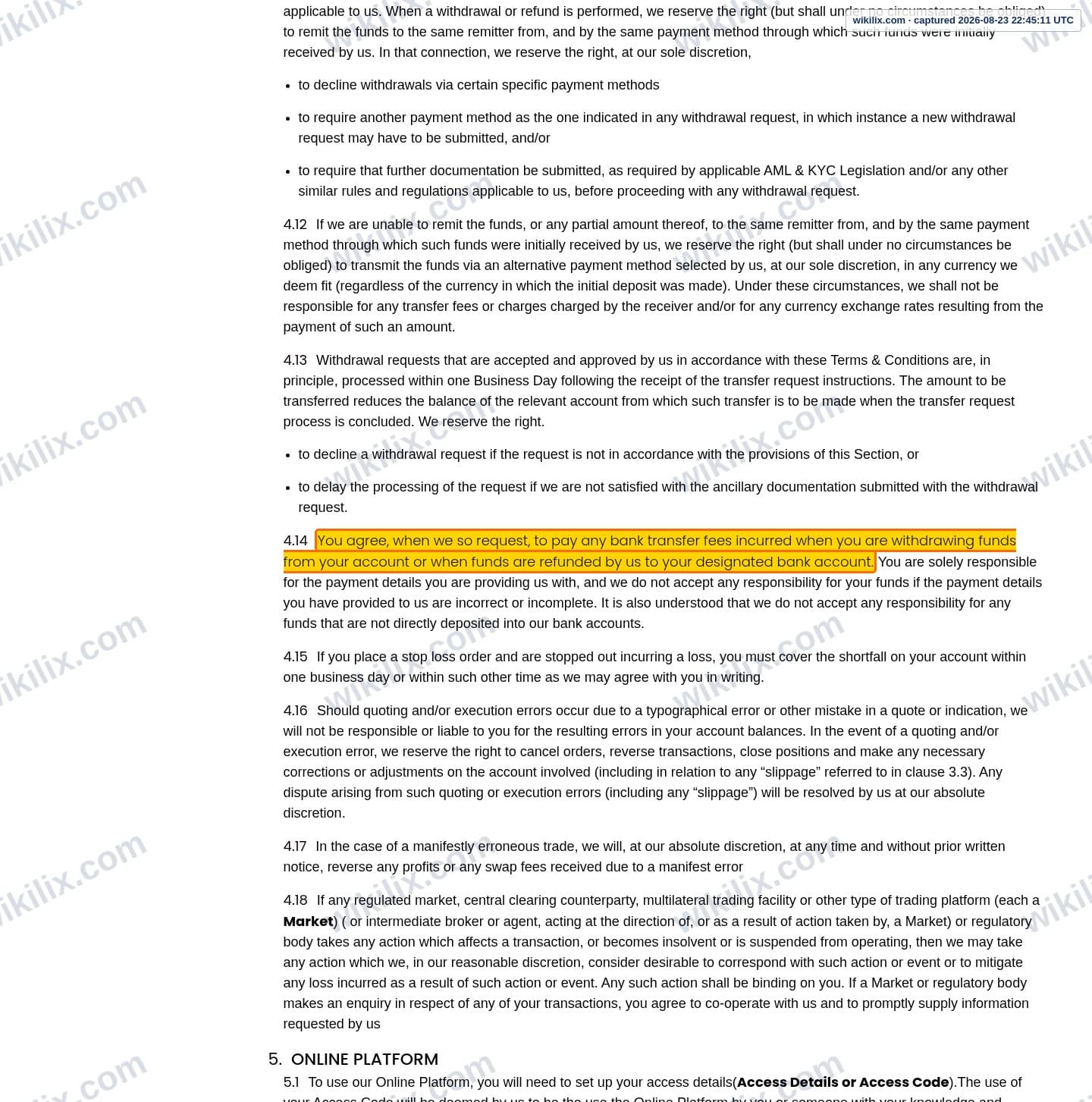 Our full page screenshot of the page this clause sits on, on PPFX's site properfx.com, taken on Aug 23, 2026. The quoted words are marked in the image.