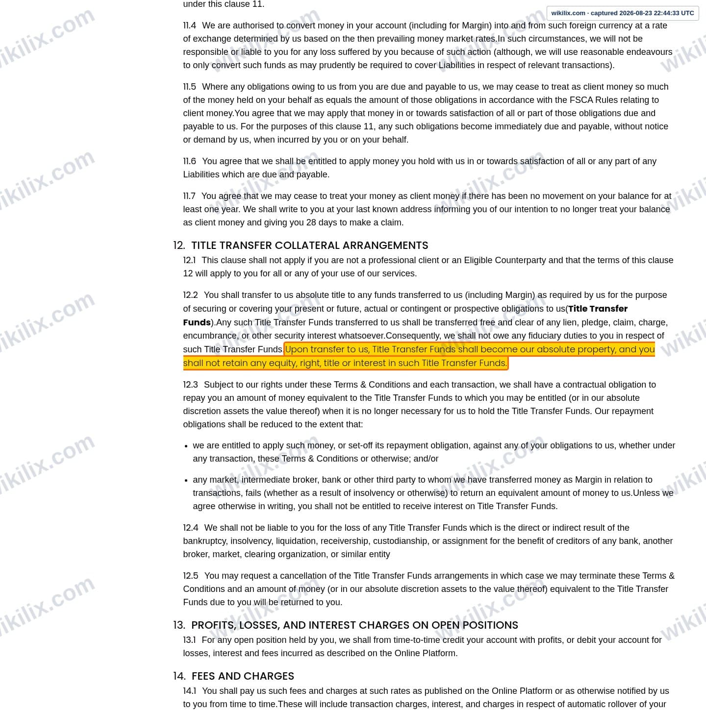Our full page screenshot of the page this clause sits on, on PPFX's site properfx.com, taken on Aug 23, 2026. The quoted words are marked in the image.