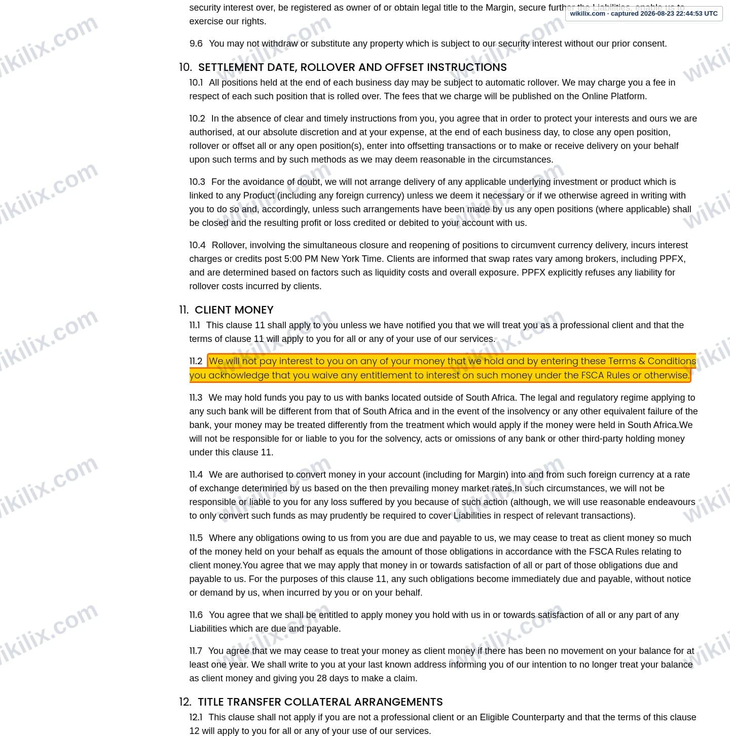 Our full page screenshot of the page this clause sits on, on PPFX's site properfx.com, taken on Aug 23, 2026. The quoted words are marked in the image.