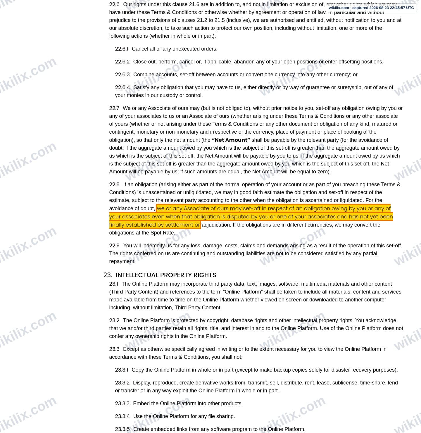 Our full page screenshot of the page this clause sits on, on PPFX's site properfx.com, taken on Aug 23, 2026. The quoted words are marked in the image.