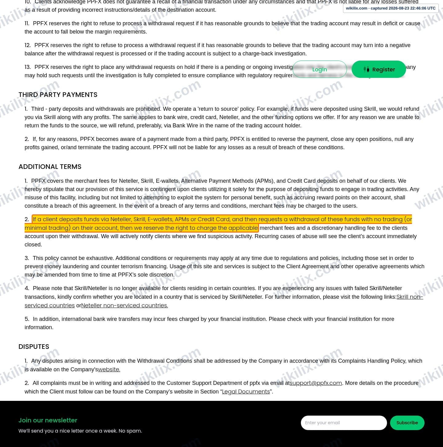 Our full page screenshot of the page this clause sits on, on PPFX's site properfx.com, taken on Aug 23, 2026. The quoted words are marked in the image.