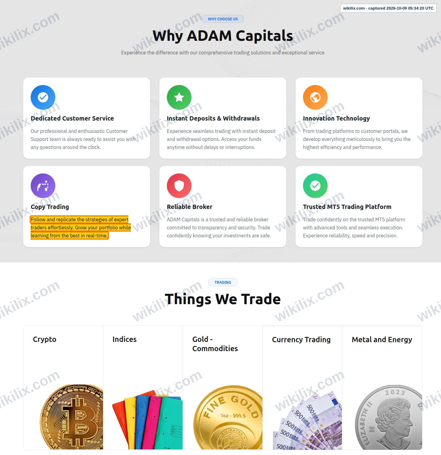 Our full page screenshot of the page that makes this promise, on Adam Capitals's site adamcapitals.com, taken on Oct 9, 2026. The quoted words are marked in the image.