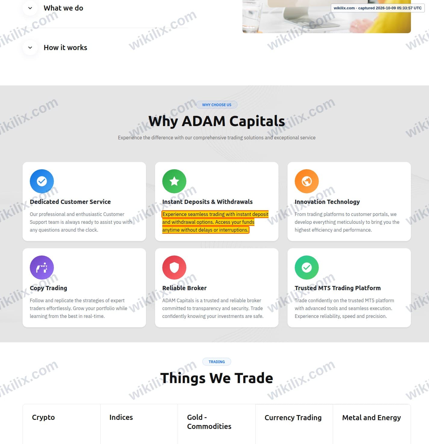 Our full page screenshot of the page that makes this promise, on Adam Capitals's site adamcapitals.com, taken on Oct 9, 2026. The quoted words are marked in the image.