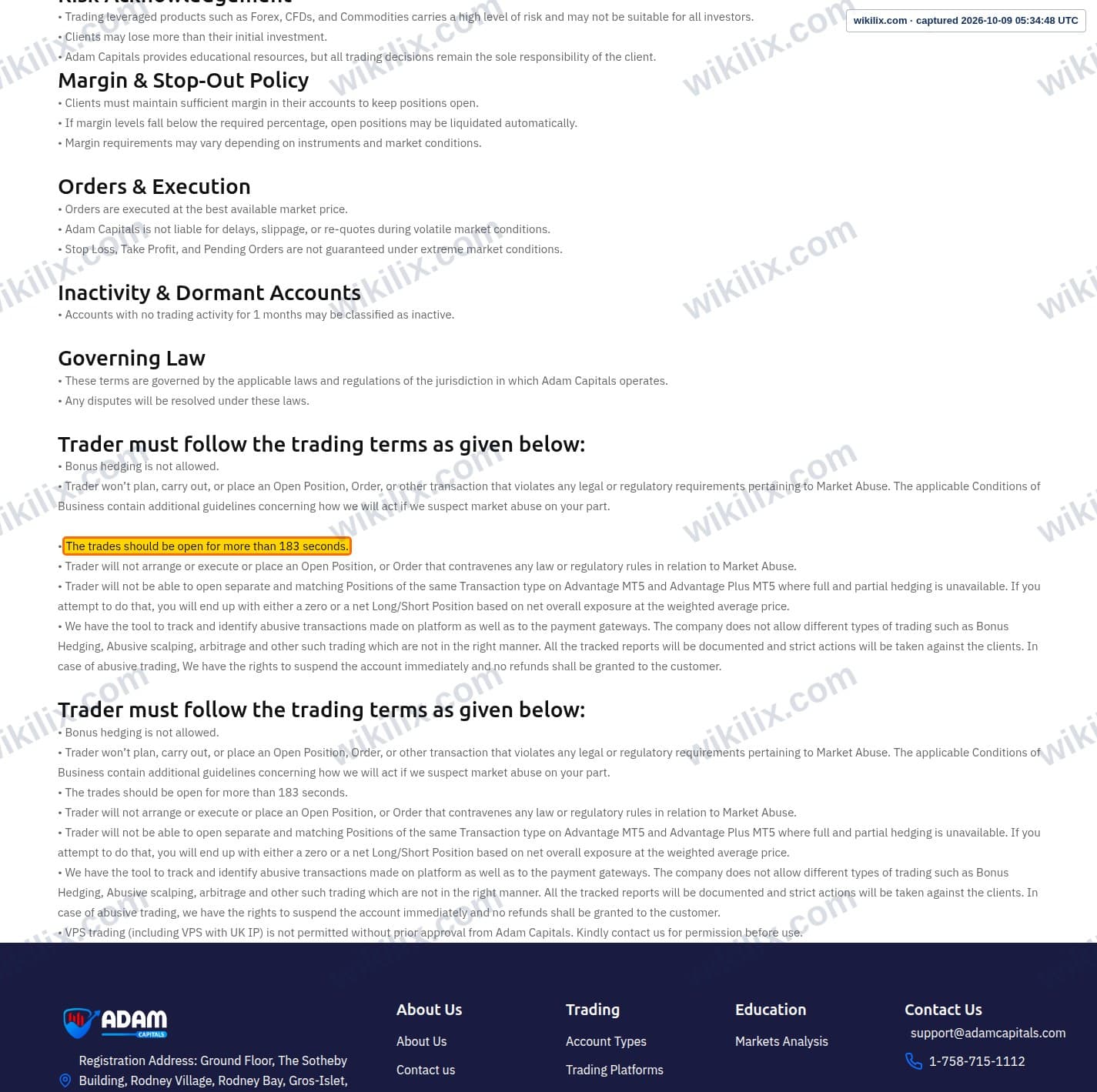 Our full page screenshot of the page this clause sits on, on Adam Capitals's site adamcapitals.com, taken on Oct 9, 2026. The quoted words are marked in the image.