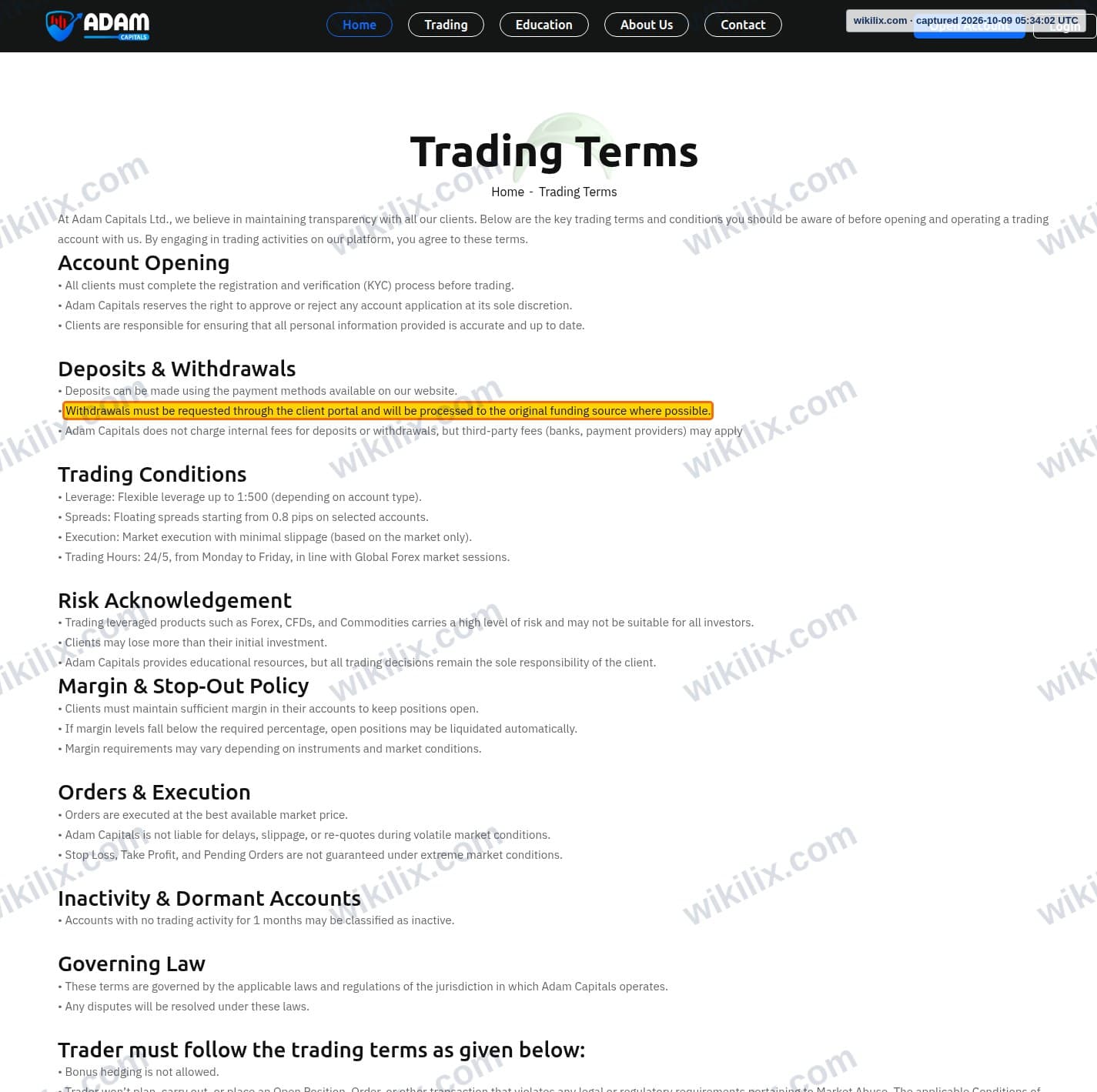 Our full page screenshot of the page this clause sits on, on Adam Capitals's site adamcapitals.com, taken on Oct 9, 2026. The quoted words are marked in the image.